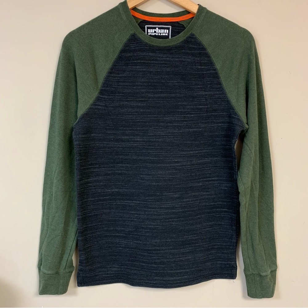 Raglan Men's Shirt Small Long Sleeve  T-Shirt Top Crewneck Gray Green Pullover